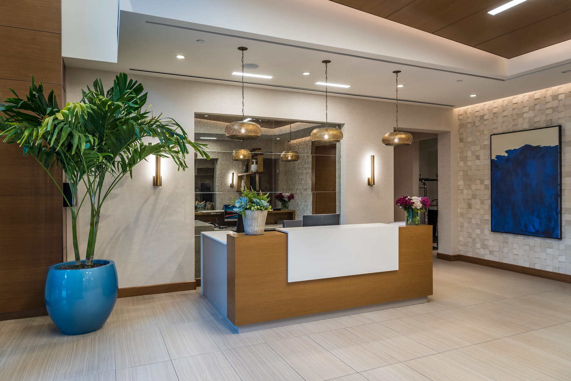 Columbus Center wood panels and reception desk